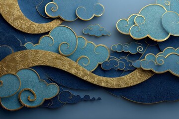 ペーパークラフト調・和柄「渦雲と波」の背景
