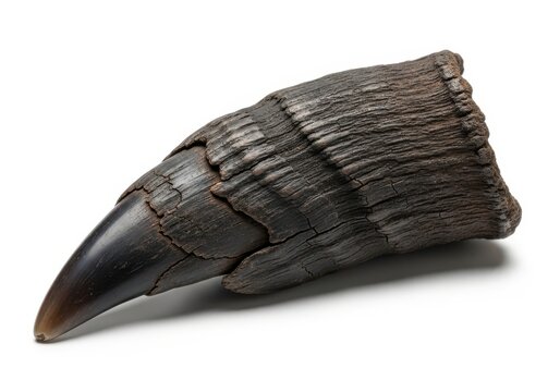 Ancient fossilized tooth displays texture and sharp, dark point against white background