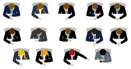 Business people are seen from overhead as they gather at tables for a meeting in a 3-d illustration.