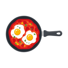 Overhead View Fried Eggs in Tomato Sauce, Skillet Illustration
