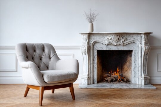 Elegant armchair placed near a lit fireplace in a minimalist room.
