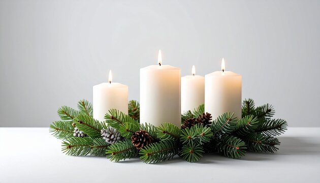 Advent wreath with four white candles and fresh evergreen branches on clean neutral background | modern minimalist fourth advent decoration
