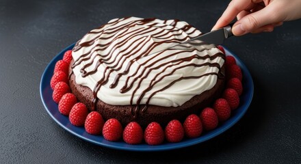 Person cutting a slice of decadent chocolate cake adorned with whipped cream and fresh raspberries