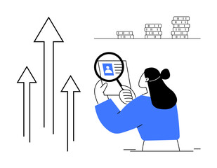 Business analytics. Business worker examining user data under magnification. Business analytics connecting growth, financial tracking, and performance analysis. For marketing, data-driven strategies