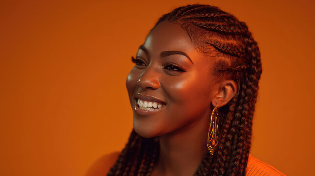 Afrocentric beauty shines as a Black woman with braids and vivid earrings poses gracefully in front of a lively orange backdrop.