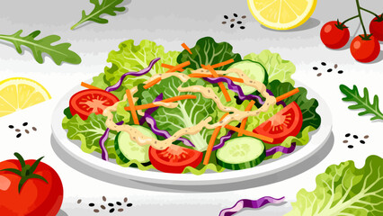 This vibrant illustration shows a colorful salad (lettuce, tomato, cucumber, carrot, cabbage) with dressing, highlighting healthy, appetizing food.