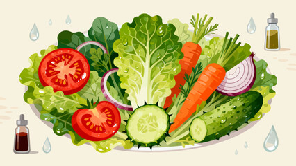 This vibrant illustration shows a colorful salad (lettuce, tomato, cucumber, carrot, cabbage) with dressing, highlighting healthy, appetizing food.