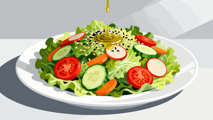 This vibrant illustration shows a colorful salad (lettuce, tomato, cucumber, carrot, cabbage) with dressing, highlighting healthy, appetizing food.