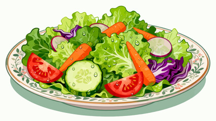 This vibrant illustration shows a colorful salad (lettuce, tomato, cucumber, carrot, cabbage) with dressing, highlighting healthy, appetizing food.