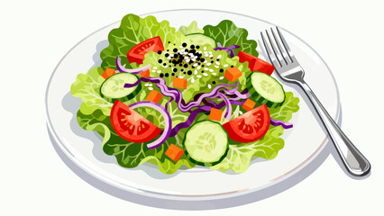 This vibrant illustration shows a colorful salad (lettuce, tomato, cucumber, carrot, cabbage) with dressing, highlighting healthy, appetizing food.