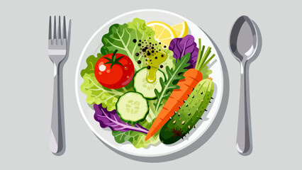 This vibrant illustration shows a colorful salad (lettuce, tomato, cucumber, carrot, cabbage) with dressing, highlighting healthy, appetizing food.