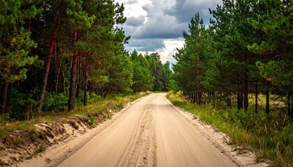 Sandy Road Through a Green Forest on a Cloudy Day.