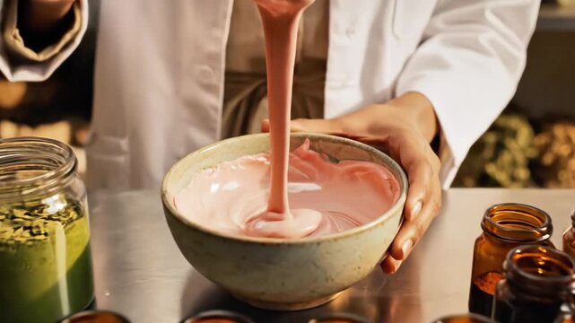 A person in a white lab coat stirs pink mixture in a bowl, surrounded by ingredients