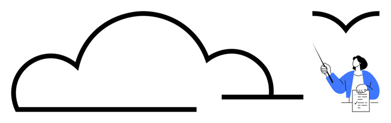 Minimalist design featuring a person holding a checklist, large cloud, and a bird. Ideal for teamwork, planning, remote work, cloud computing, sustainability goals communication. A simple flat