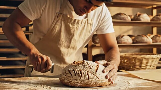 A baker, wearing an apron, scores a rustic loaf of bread with a blade on a floured surface