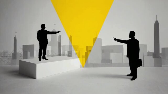 Silhouettes of two businessmen pointing at each other against a city backdrop with yellow spotlight