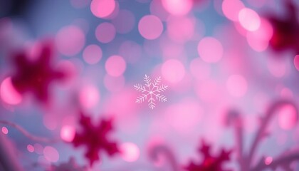 Delicate pink glitter bokeh lights and snowflakes on a festive background, bright, frost