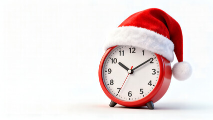Red alarm clock with a Santa hat on a white background. Festive concept for Christmas and New Year.
