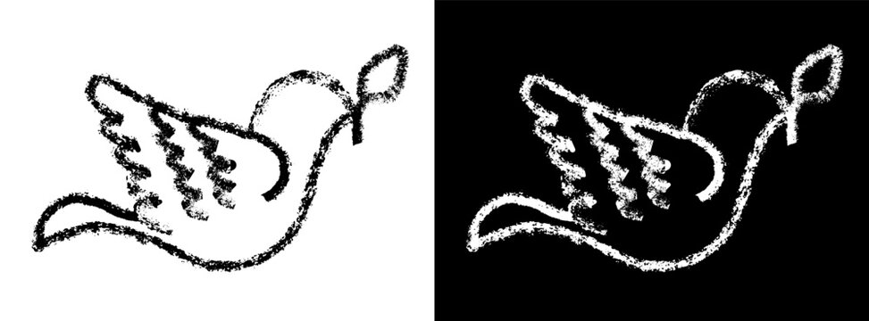 Peace dove childlike crayon drawing holding branch. Black and white pigeon doodle sketch with naive hand drawn sticker. Vector illustration isolated in kids childish style with chalk texture.