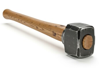 Heavy duty metal striking tool with a wooden handle rests on a white surface