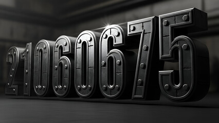 Black Metallic Numbers 21060675 with Rivets in Industrial Setting, Dark Background