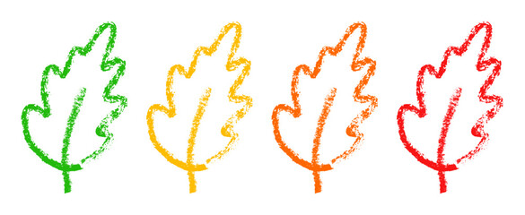 Autumn leaves crayon pencil hand drawn chalk set. Childlike colorful fall foliage illustration with playful sketch style and chalk texture. Vector isolated collection of hand drawn autumn leaves.