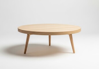 Minimalist round light wood coffee table resting on slender legs against a bright background