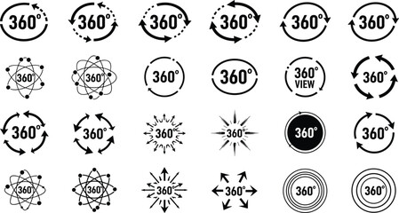 Obraz premium 360 Degree View and Rotation Line Icons Set, Virtual Reality VR, Panoramic Imaging, Interactive Digital Content, Angle and Orbit Sphere, Outline Vector Illustration.