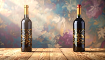 Two wine bottles on a wooden table
