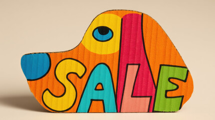 Colorful cartoon dog face cardboard sign with SALE text, playful and eye catching for retail or pet store promotion