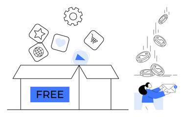 Digital marketing, e-commerce opportunities, free resources, app distribution, software rewards, online business. Open box with apps and coins. Digital marketing and e-commerce
