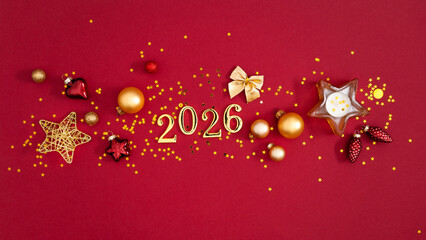 A festive New Year's arrangement in red and gold tones, perfect for a greeting card or banner for...