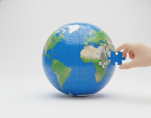 Hand Placing Puzzle Piece into Globe with Human Icon