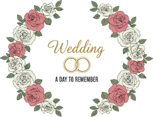 Floral wreath with gold text reading Wedding A DAY TO REMEMBER and two rings