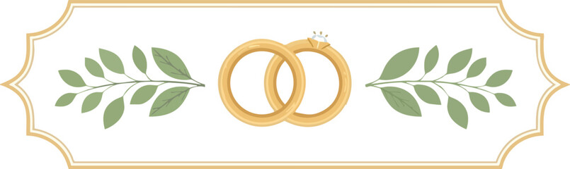 Gold wedding rings with diamond and green leafy branches in an ornate border