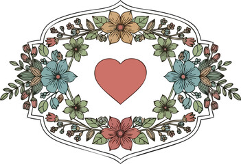 Heart centered within an ornate floral wreath border illustration © dhorido studio