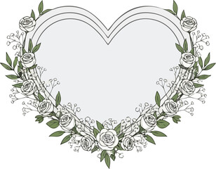 Heartshaped frame decorated with white roses and green foliage