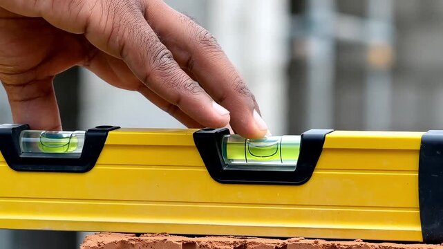Close up of a construction worker's hand using a yellow spirit level tool to check a red brick's horizontal surface in bright outdoor daylight