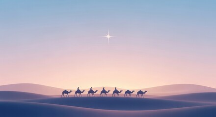Three wise men on camels following the star of bethlehem in desert at sunset time.