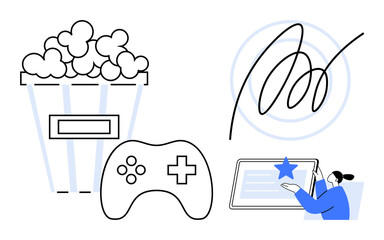 Digital entertainment, authentication, e-learning, gaming, media streaming, technology services. Popcorn, a game controller a tablet user and handwriting signature . Gaming and authentication