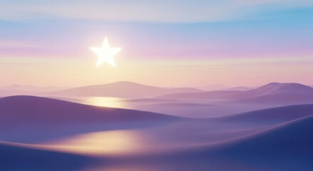 Glowing star over a serene landscape with rolling hills and pastel colored sky at twilight.