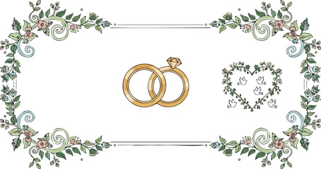 Watercolorstyle floral border with wedding rings and heartdove motif