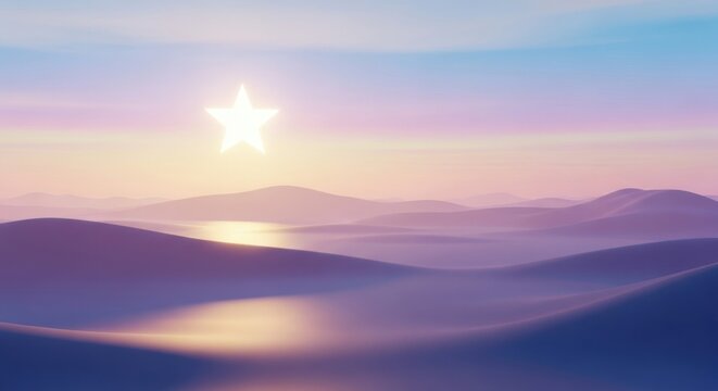 Glowing star over a serene landscape with rolling hills and pastel colored sky at twilight. - Powered by Adobe