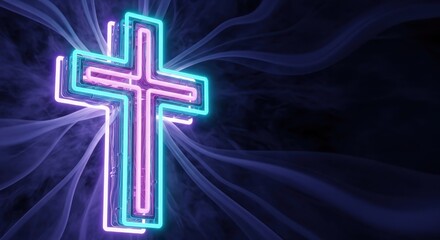 Neon cross glowing against dark background with swirling light effects , copy space