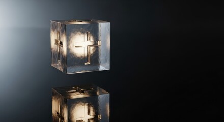 Shiny metallic ice cubes with glowing golden cross inside, modern Christian faith and purity symbol, copy space