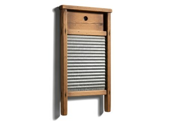Antique wooden laundry washboard stands vertically against a plain white background