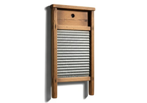 Antique wooden laundry washboard stands vertically against a plain white background