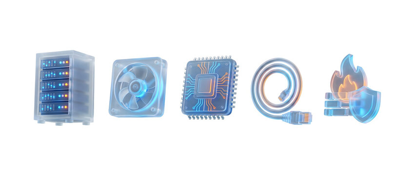 A row of translucent blue and orange technology icons including a server rack, cooling fan, microchip, coiled cable, and a firewall shield. - Powered by Adobe