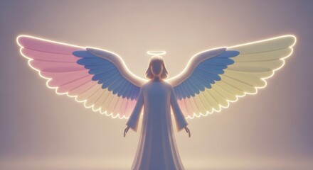 Angel with rainbow wings and halo in a white robe radiates divine light and hope.