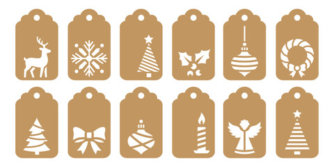 Obraz premium Christmas decorative tags shapes cut files. Vector templates for cutting. New Years and winter holidays tag stencils. Craft paper or cardboard label for gift wrapping